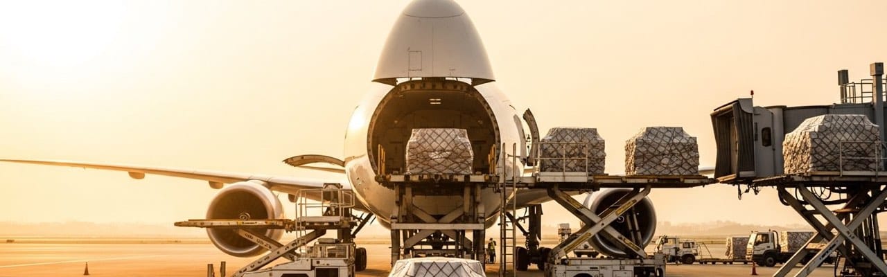 Cargo ULD pallets being loaded into the nose of a freighter aircraft at an Asian transit hub at sunset