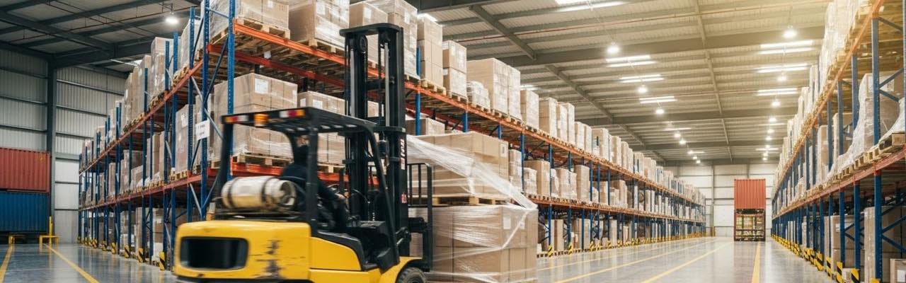 Inside a Container Freight Station warehouse, forklift consolidating palletized cartons for LCL ocean shipment to the USA