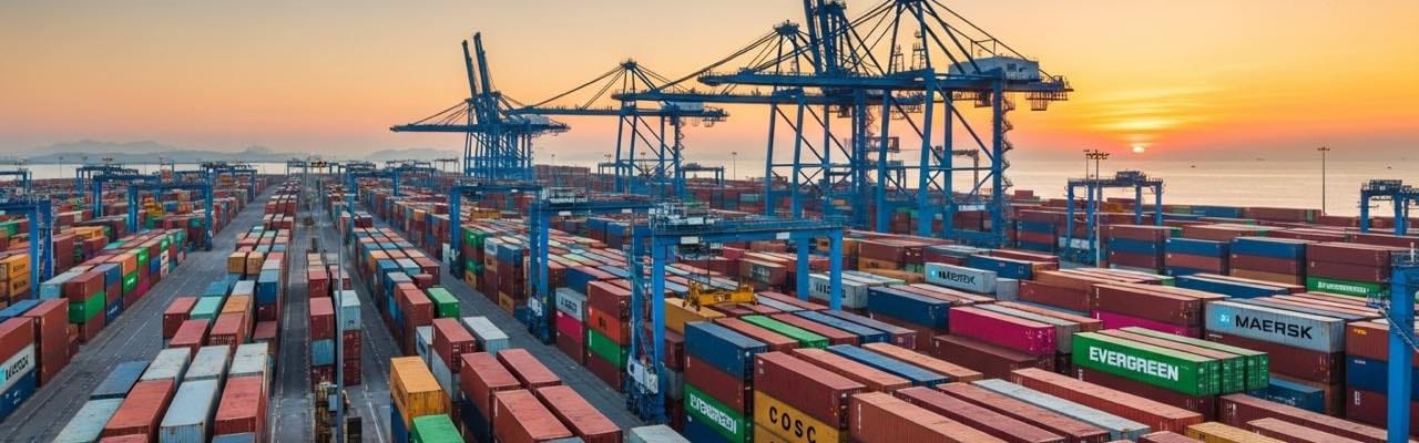 Container yard at Cai Mep, southern Vietnam, with stacked 40ft containers and blue gantry cranes at sunrise