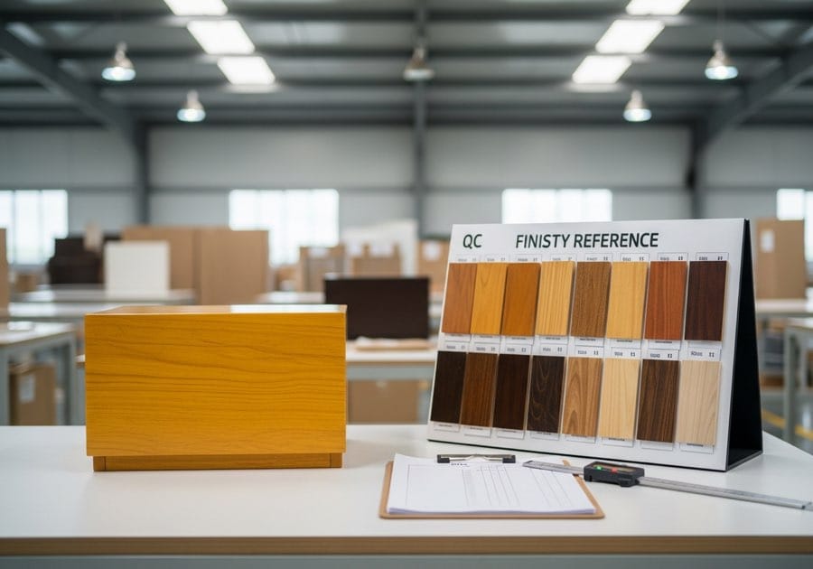 Hotel furniture quality control inspection in a Vietnamese factory — golden sample validation with finish reference board