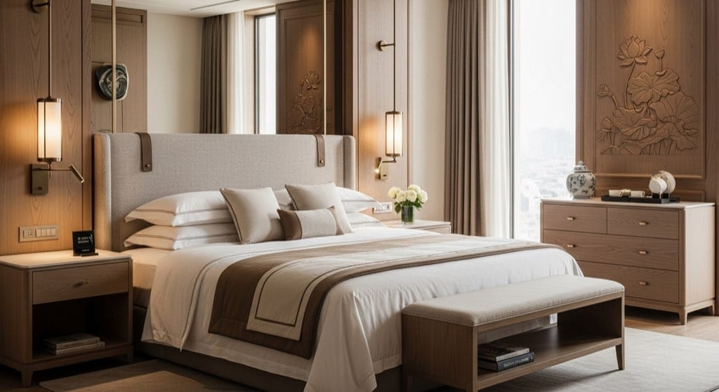 Custom hotel guestroom furniture manufactured in Vietnam — upholstered headboard, wood veneer casegoods, brushed brass hardware