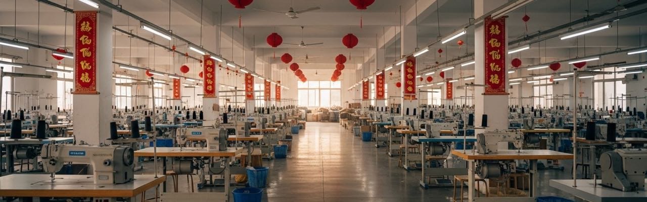 Empty Vietnamese garment factory floor during Tet, rows of unattended sewing machines and red Tet lanterns hanging from the ceiling