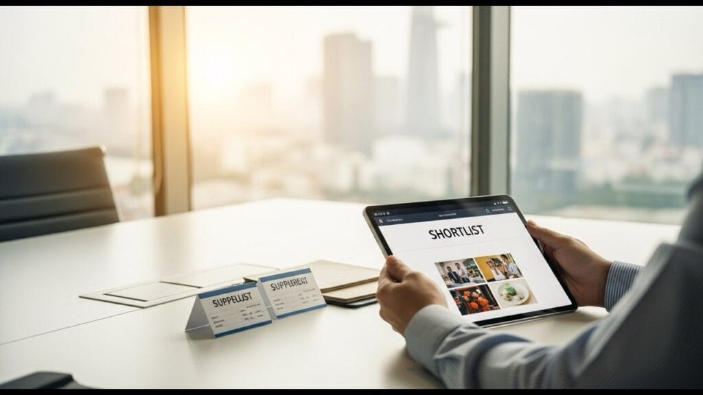 Sourcing professional reviewing a supplier shortlist on a tablet with the Ho Chi Minh City skyline behind