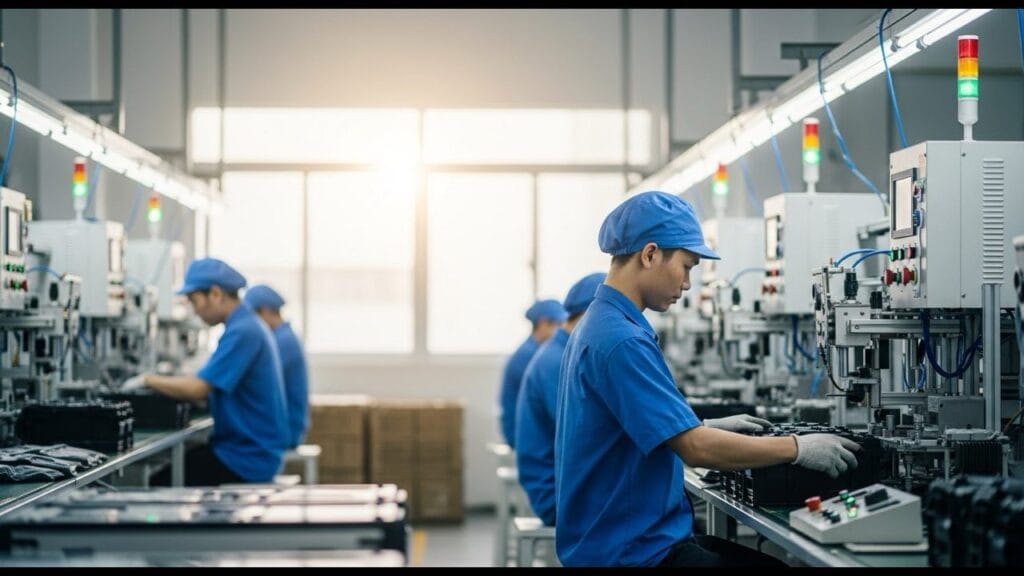 Workers on a modern Vietnamese electronics assembly line in blue uniforms operating production machinery