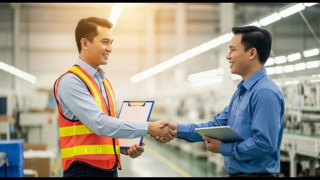 Auditor in safety vest shaking hands with a Vietnamese factory manager on the production floor after a successful audit