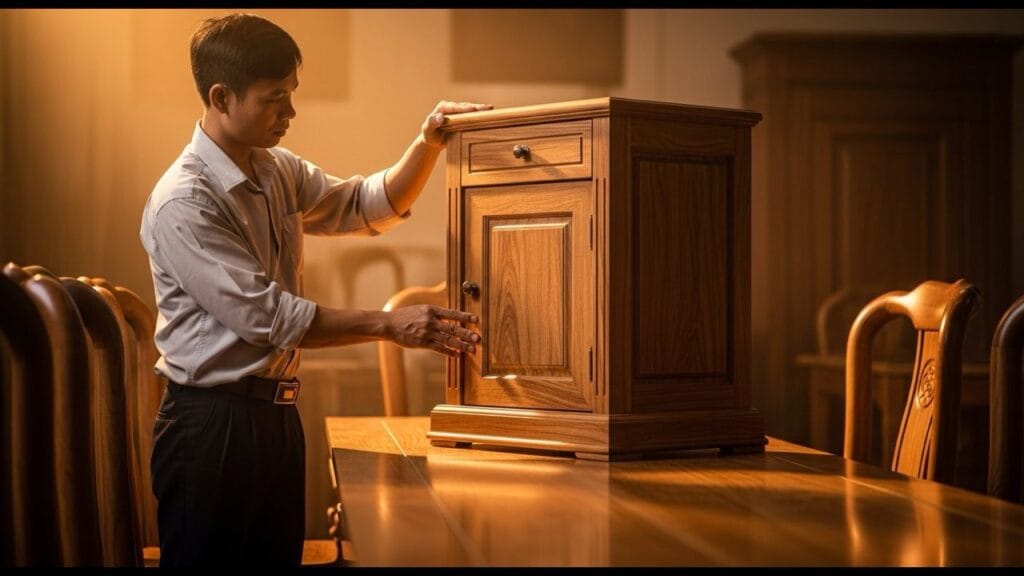 Vietnamese furniture craftsman inspecting a finished solid wood piece in a workshop