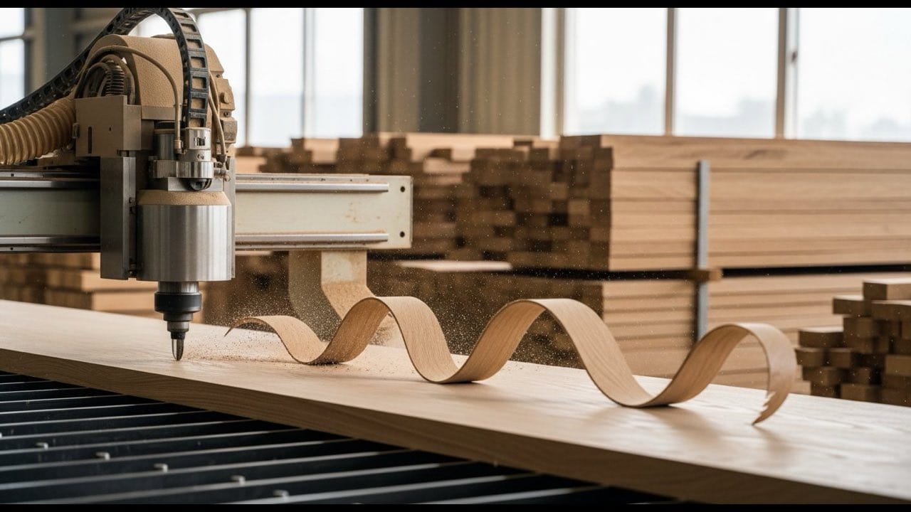 Modern CNC wood-cutting machine in a Vietnamese furniture factory with kiln-dried oak in the background