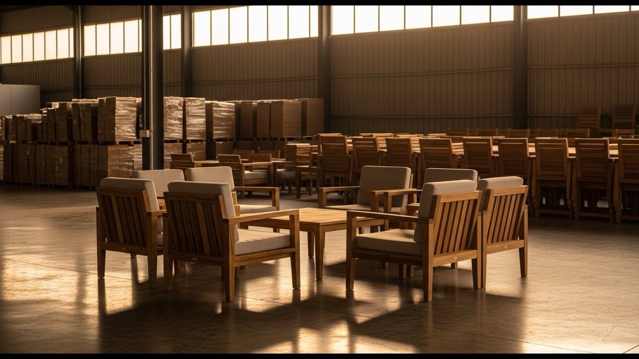 Premium teak outdoor furniture set in a Vietnamese factory showroom at golden hour
