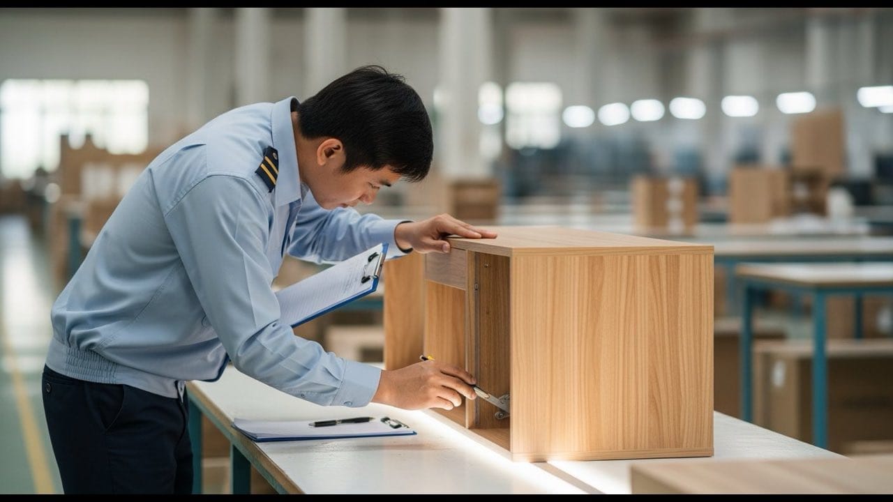 Quality control inspector examining a finished wooden cabinet in a Vietnamese furniture factory