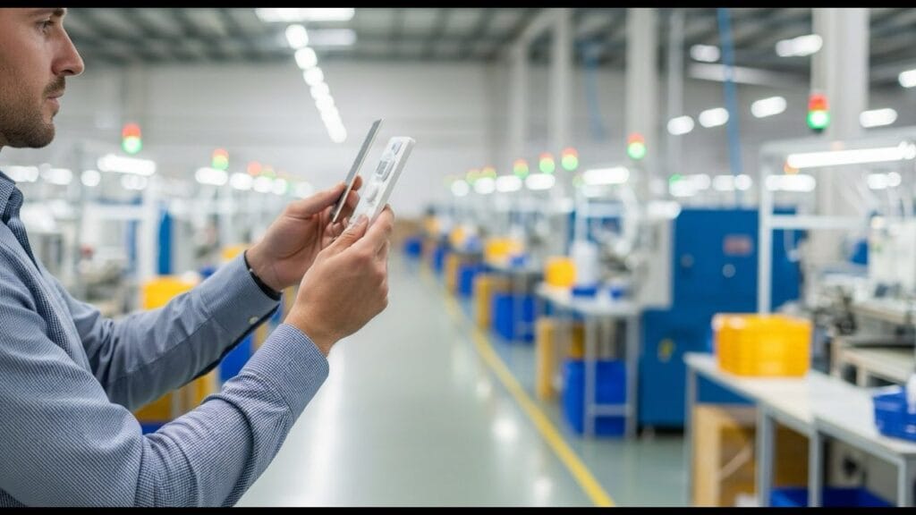 Buyer inspecting a product sample inside a well-organized modern Vietnamese factory