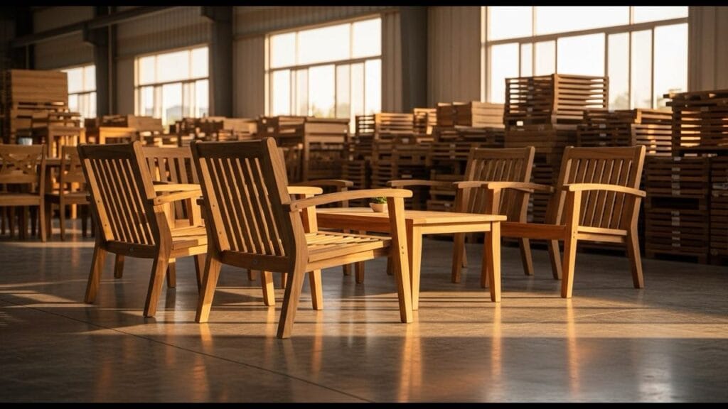Premium Vietnamese-made teak outdoor furniture set in a factory showroom at golden hour