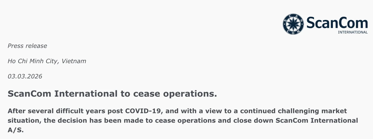 ScanCom International press release announcing the closure of operations, dated March 3, 2026, from Ho Chi Minh City, Vietnam.