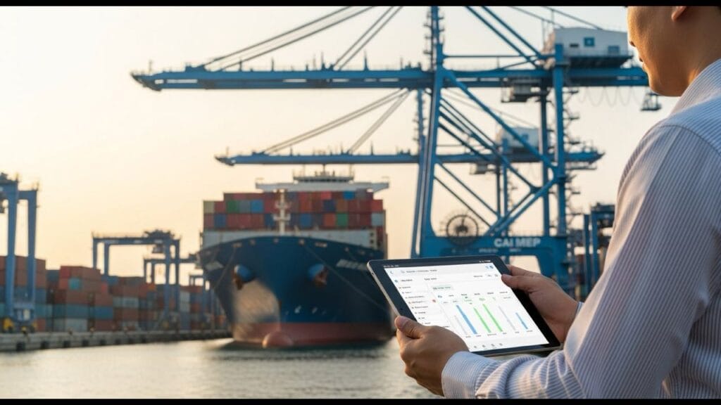 Logistics manager reviewing shipment tracking data on a tablet in front of the Cai Mep container terminal