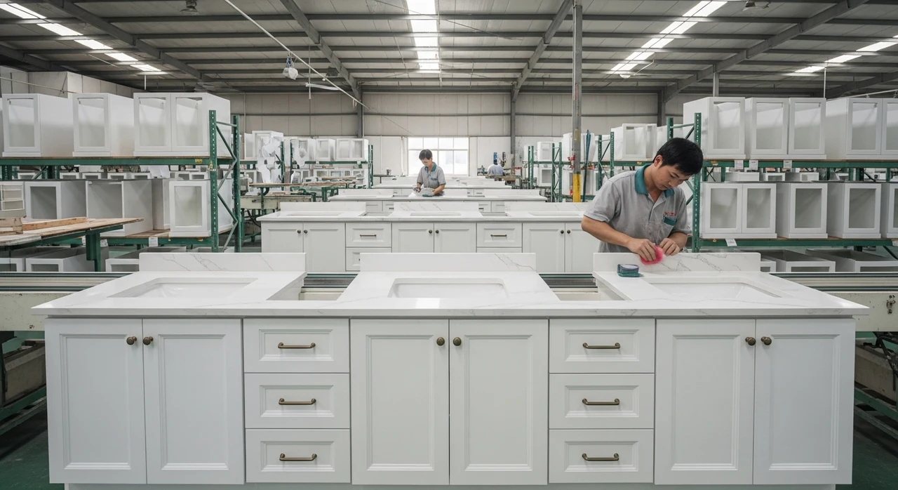 Vietnam bathroom vanity manufacturer in Binh Duong : quartz-top vanity assembly line and quality control inspection