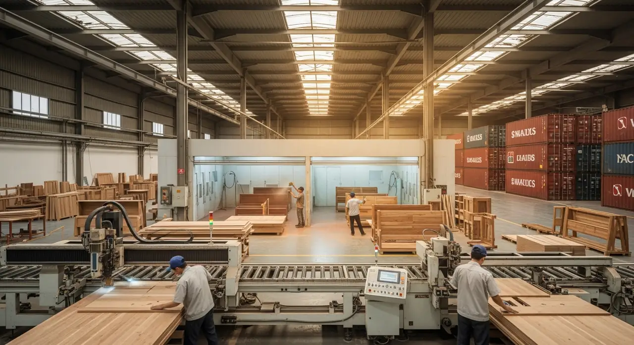 Vietnam furniture manufacturer in Binh Duong : CNC line, finishing booth, and export-ready containers in a modern factory complex