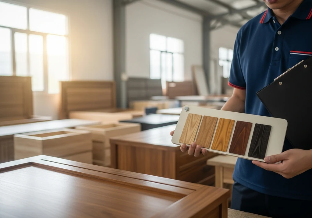 Quality control inspection in a Vietnam furniture factory : finish reference board with acacia, oak and walnut stain samples