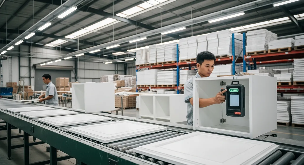 Custom kitchen cabinet manufacturer in Vietnam : bespoke shaker door finishing at a Binh Duong factory