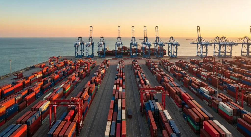 Vietnamese deep-water container port at golden hour with stacked shipping containers and mega-vessel