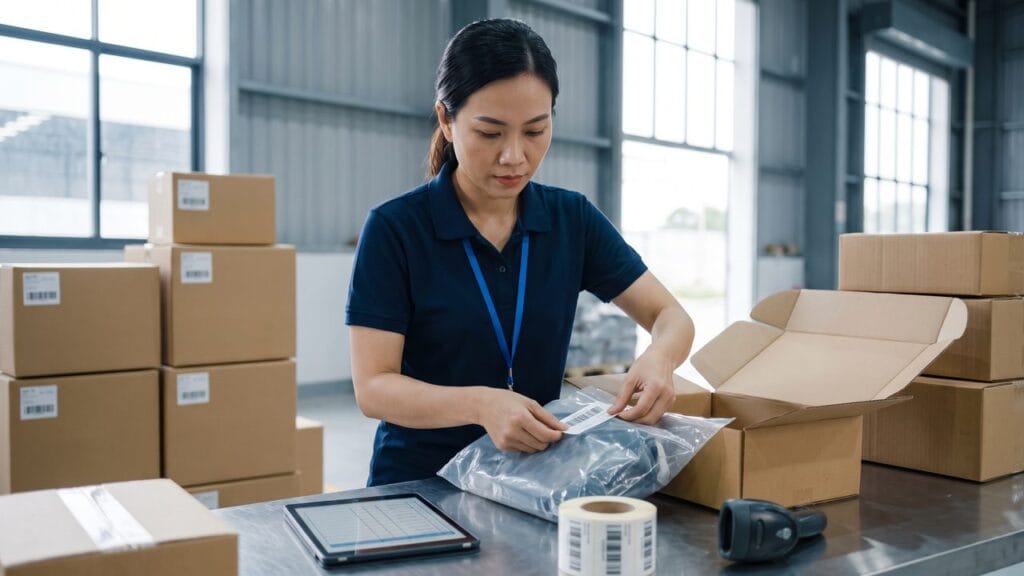 Warehouse operator in Ho Chi Minh City applying a barcode label to a polybagged product before packing it into a shipping carton for Amazon FBA