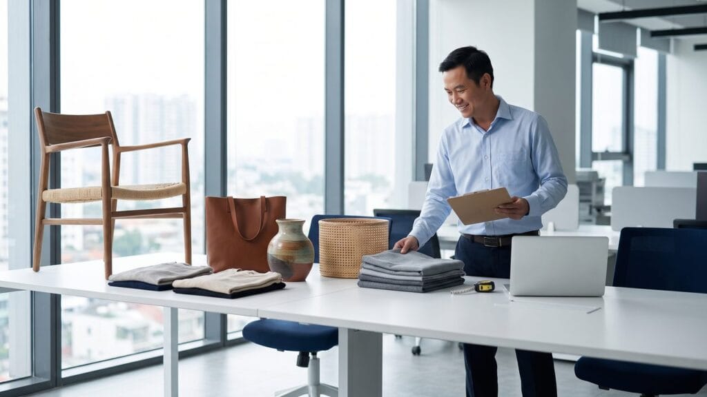 Sourcing manager in a Ho Chi Minh City showroom reviewing furniture, garment, leather bag, ceramic and rattan samples on a table